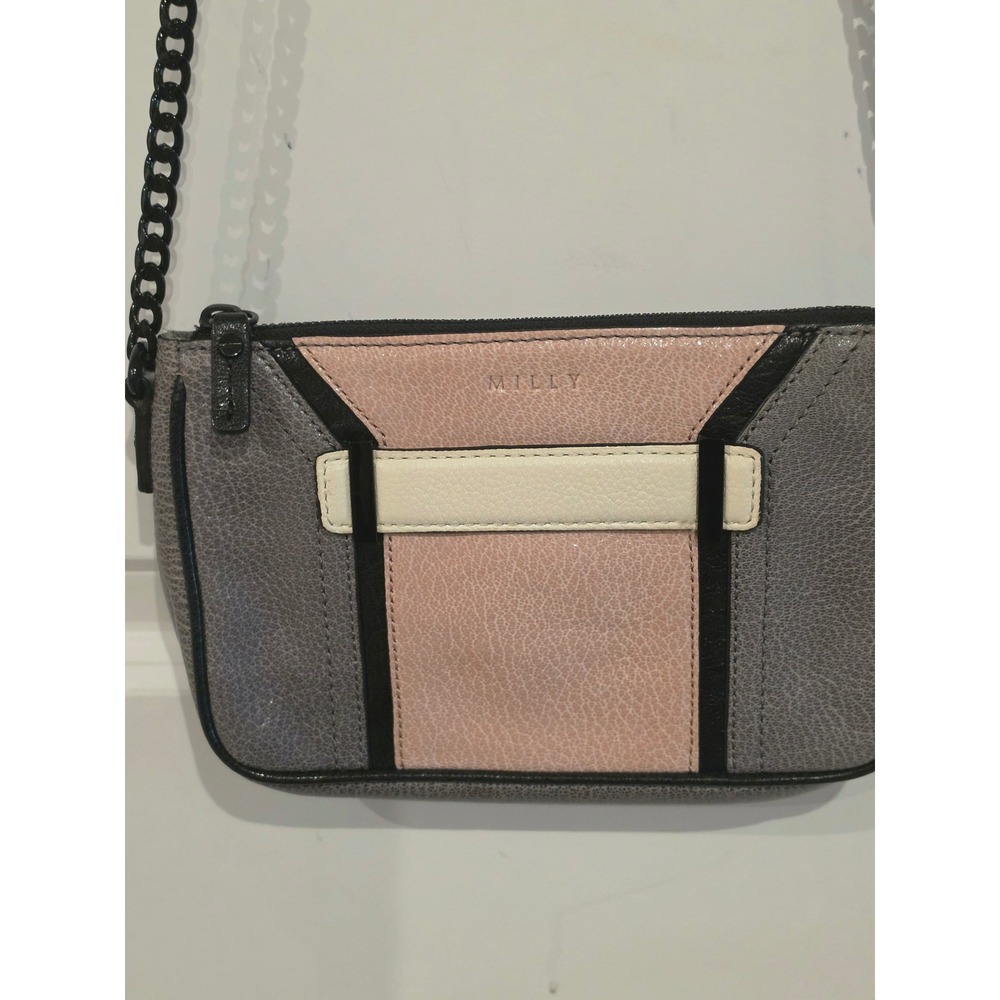 Milly Leather Colorblock Crossbody Bag Grey Pink Cream Chain Strap